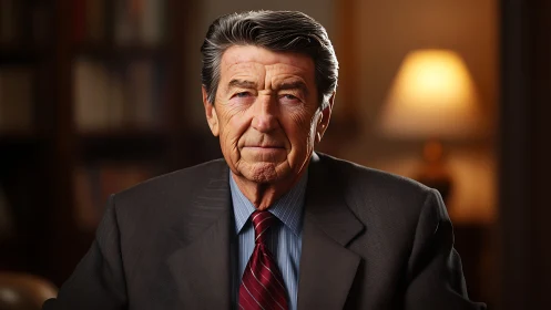 Elderly man in suit sits indoors under warm lamplight