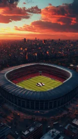 Floodlit football stadium dominates dense city at sunset