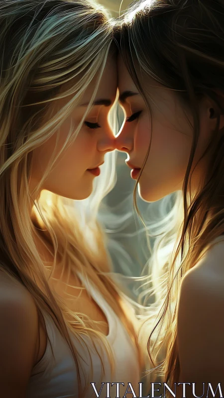 Two souls meet in ethereal golden light and luminous connection.