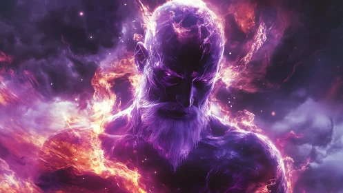 Ethereal humanoid figure in violet flames against dark clouds.