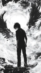 Solitary figure before swirling monochrome winged vortex.