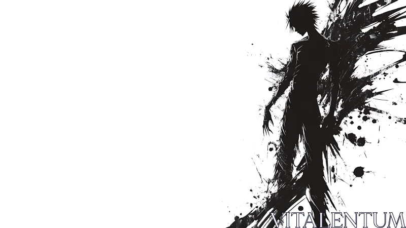 Ink-splatter humanoid silhouette in high-contrast vector abstraction.