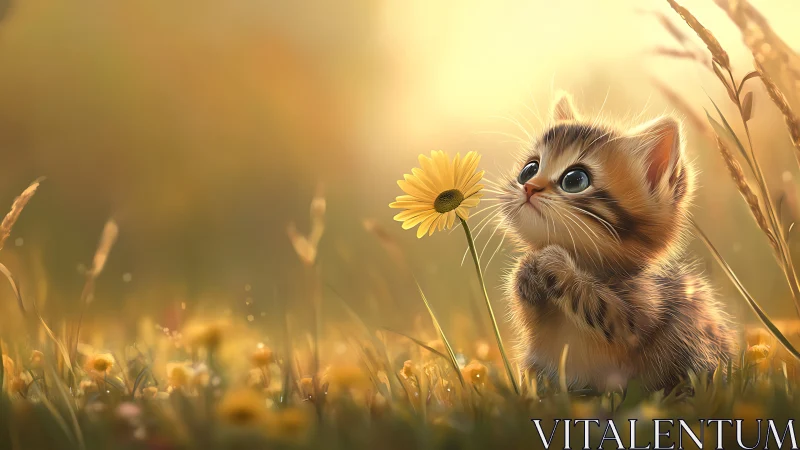 Sunlit meadow kitten whispering to a lone daisy bloom.