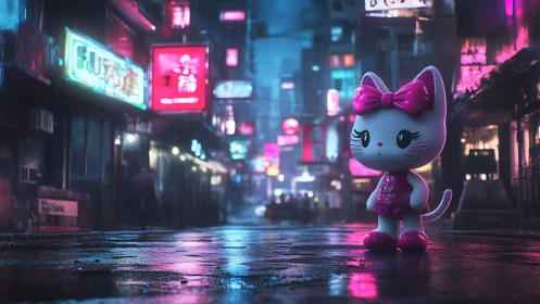 Toy cat figure stands on wet neon street in night rain