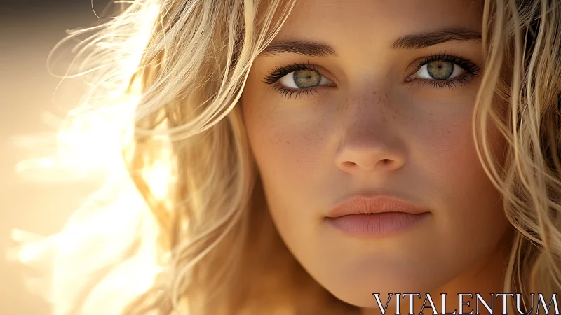Sunlit portrait captures serene gaze and golden hair detail.