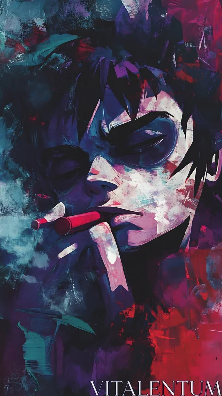 Chromatic portrait of brooding figure with stylized cigarette.