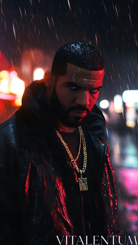 Brooding man in neon rain with cinematic red rim light.