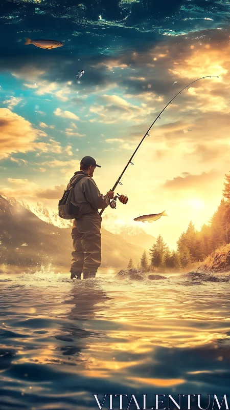 Fly fisherman stands in river beneath mirrored sky water