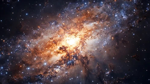 Stellar nebula core glows amid swirling cosmic dust clouds.