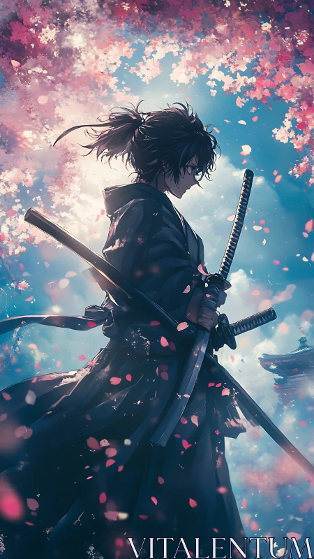 Samurai figure stands beneath blooming cherry blossoms