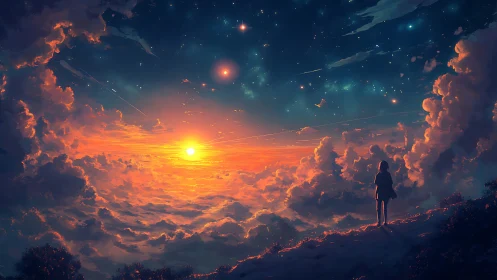 Solitary figure observing stratified clouds at sunset.