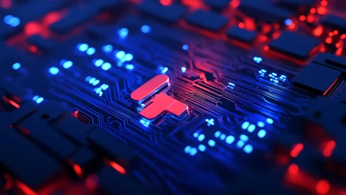 Neon red blue PCB surface with glowing digital circuitry.