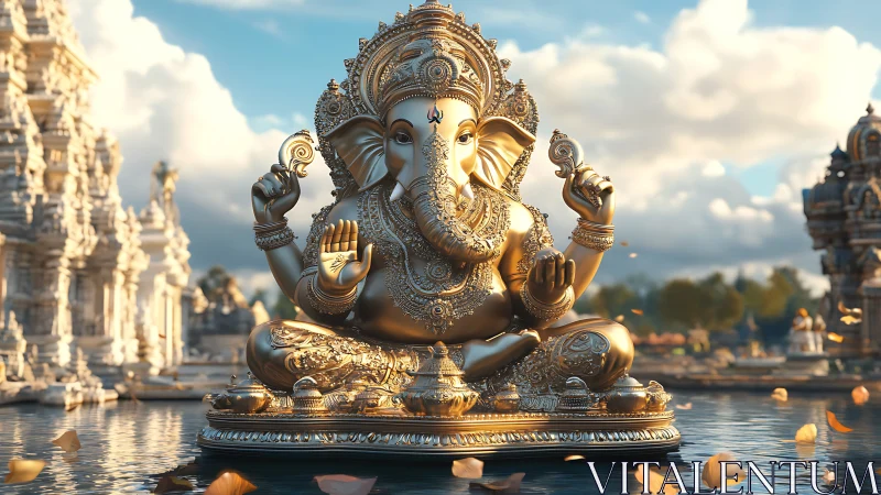 Golden Ganesha sculpture in temple water courtyard at dusk.