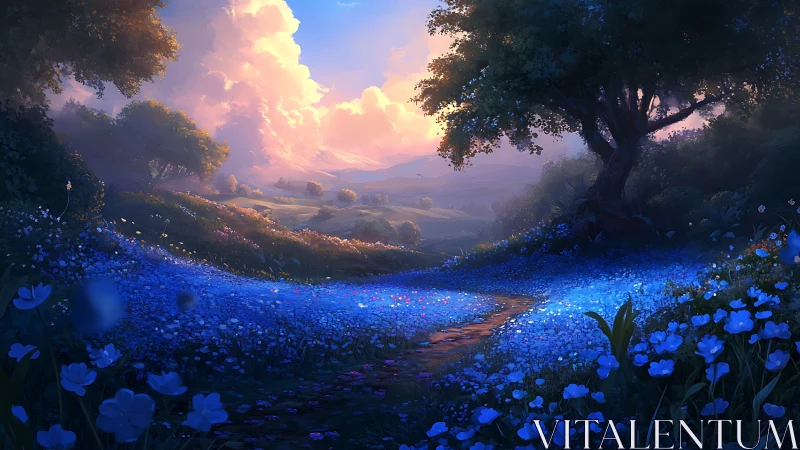 Twilight meadow landscape with distant hills and clouds.