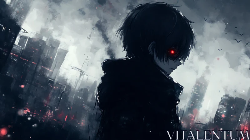 Dark figure with red eyes before distant damaged cityscape.