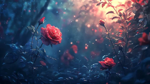 Red Roses Bloom in Twilight Garden.