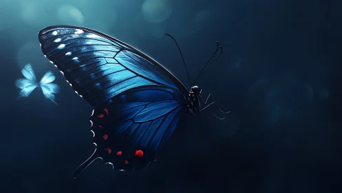 High-contrast macro rendering of luminous blue butterfly wings in flight