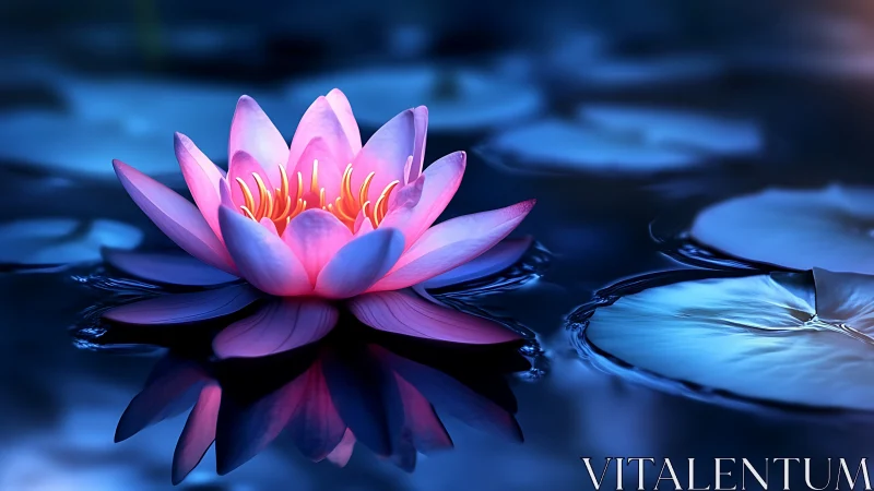 Midnight lotus blooms in luminous neon hush over water.