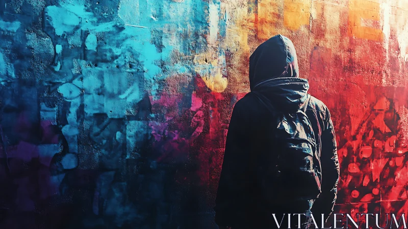 Hooded figure before blue and red textured graffiti wall.