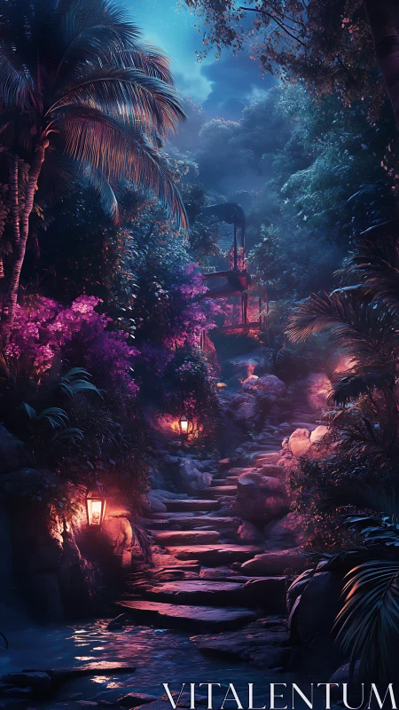 Nocturnal jungle stairway in luminous digital painting style.