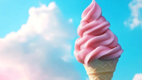 Pink soft-serve ice cream swirls against bright summer sky.