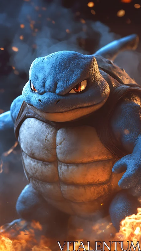 Fierce blue turtle guardian marching through swirling fire.