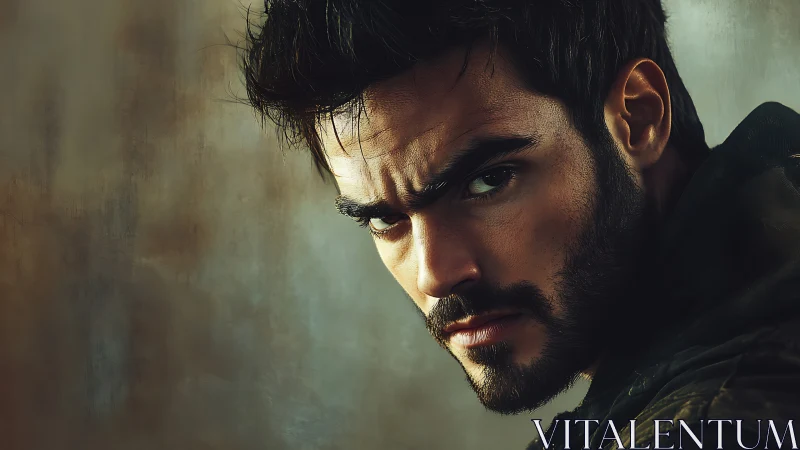 Smoldering gaze of a brooding stranger in warm light.