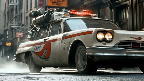 Retro ghost-chasing car speeds through misty city street.