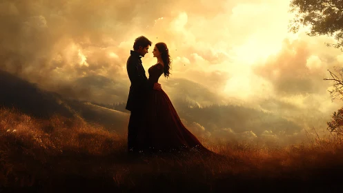 Silhouetted Couple Embracing Against Golden Mountain Landscape at Sunset.