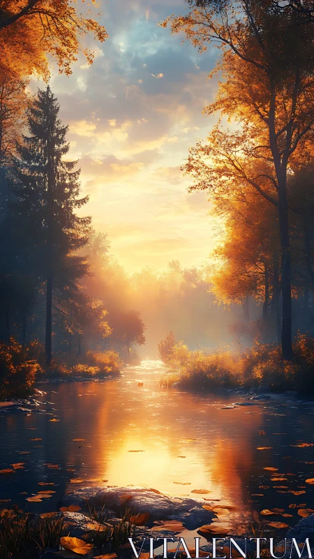 Sunlit autumn forest river with reflective water surface.