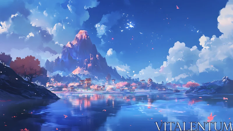 Dreamlit mountain village by a tranquil blue lakeshore.