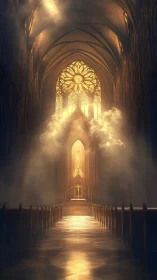 Sunlit gothic cathedral nave with glowing central altar.