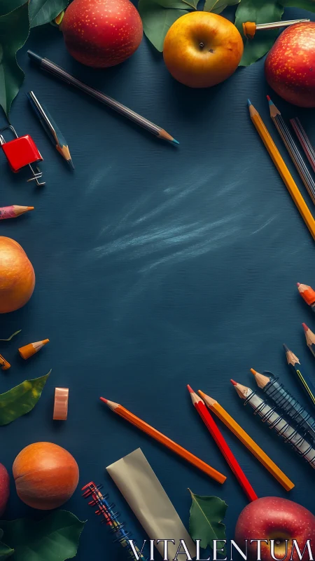 Vertical composition shows stationery and fruit around blank board