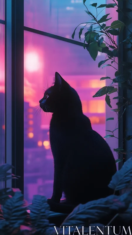 Silhouetted Cat at Sunset Window with Vaporwave Gradient.