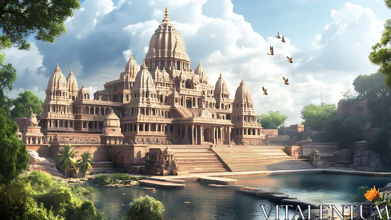 Sunlit riverside temple complex rises beside tranquil water.
