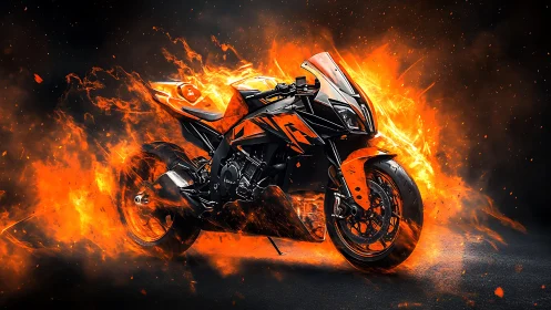 Orange superbike engulfed in stylized flames on dark ground.