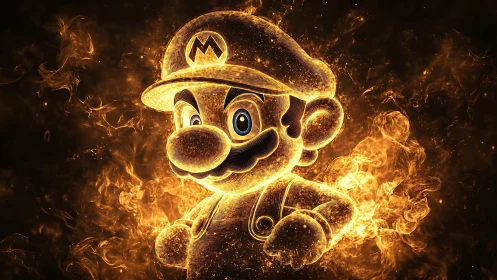 Mario Glowing in Golden Fire Effect Illustration