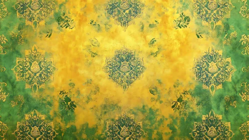 Golden green ornamental pattern with softly aged charm.