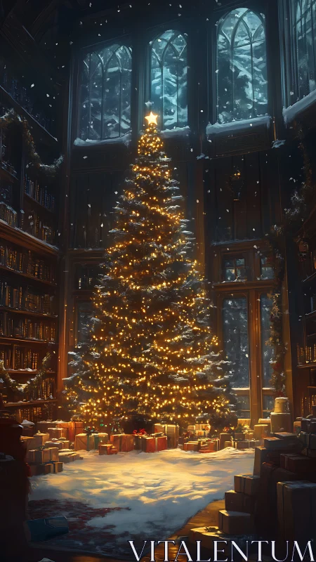 Golden library Christmas tree amid falling snowlight.