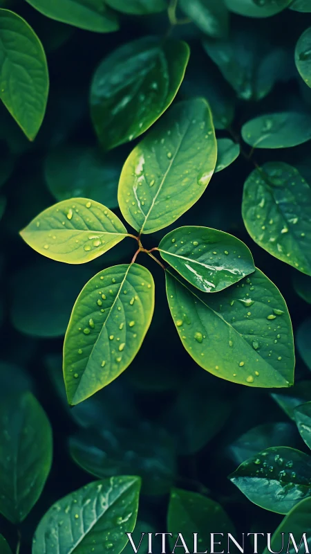 Vibrant green leaves with raindrops in close natural focus.