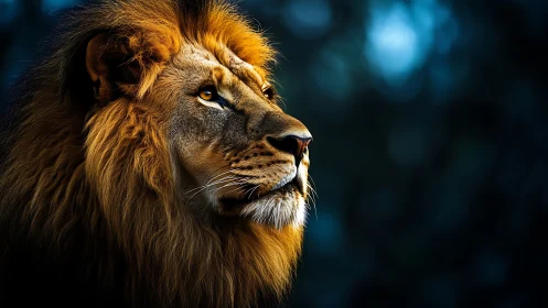 Golden-maned lion gazes calmly into the deep blue dusk
