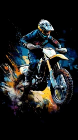 Motorcyclist rides off-road bike through abstract splashes