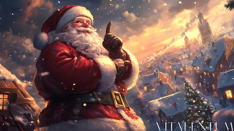 Cinematic Santa portrait over snowlit townscape at dusk.