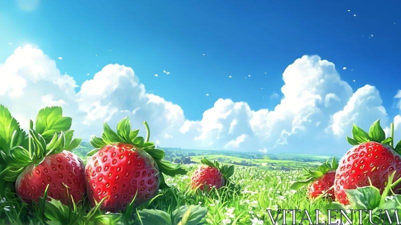 Strawberries in low meadow under cumulus cloud fieldscape.