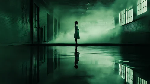 Silhouetted woman haunts flooded green hospital corridor
