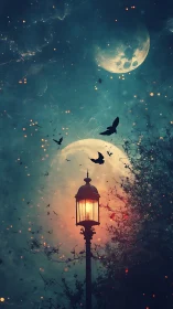 Streetlamp under double moon sky with silhouetted birds.