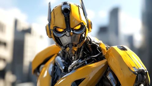 Yellow urban combat android with luminous amber optics.