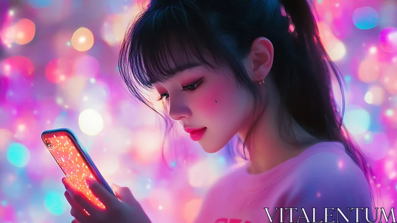 Digital painting portrait with neon bokeh illumination focus.