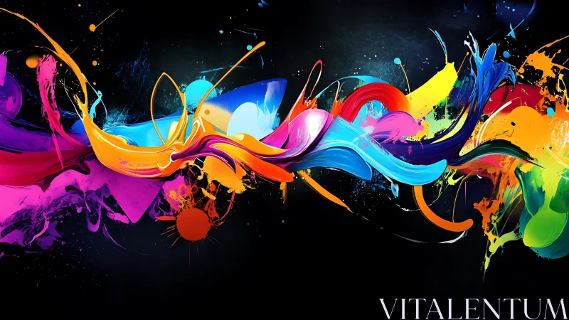 Dynamic multicolor paint splashes on dark gradient background.