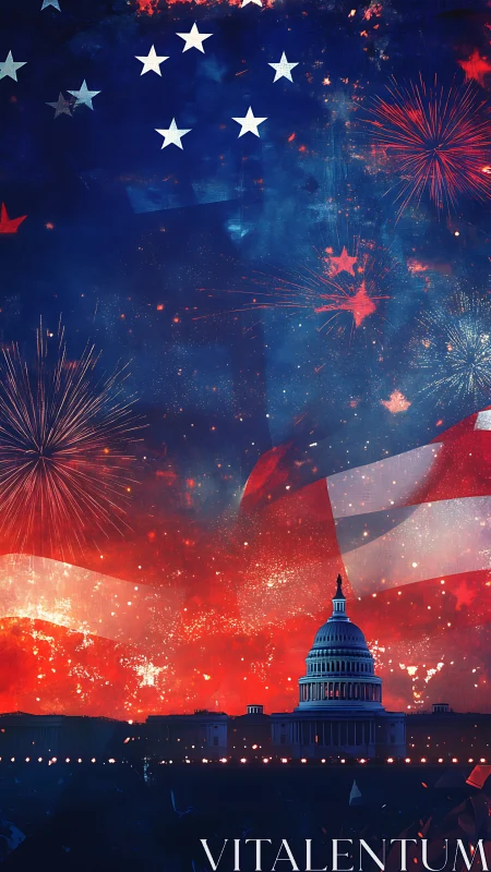 Fireworks glow above the Capitol in a bold patriotic night sky
